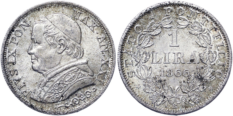 Pio IX (1866-1870), Rome, 1 Lira, 1866, Year XXI. Large bust. Ag. 5,00 g, Pagani...