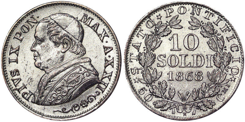 Pio IX (1866-1870), Rome, 10 Soldi, 1868, Year XXII. Medium bust. Ag. 2,50 g, Pa...