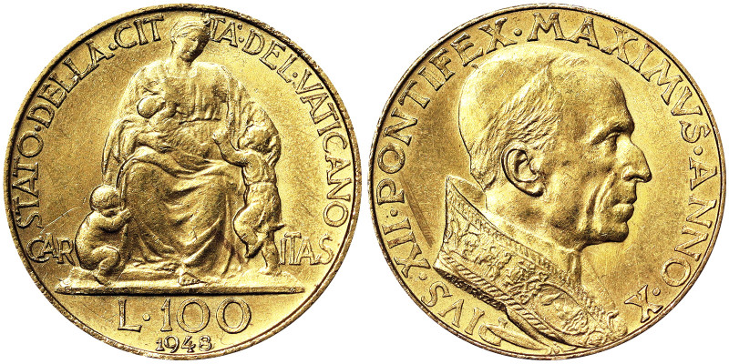 Pio XII (1939-1958), Vatican City (1929-date), 100 Lire, 1948, Year X. Au.900 5,...