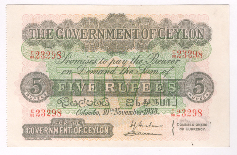 Ceylon 5 Rupees 1938

P# 23b, N# 336477; # E88 23298; AUNC