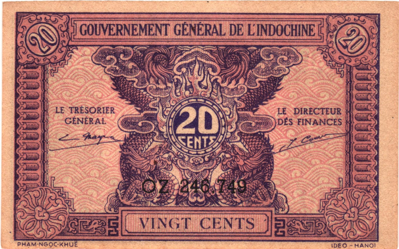 Indochina 20 Cents 1942 (ND)

P# 90, N# 210339; # OZ 246,749; UNC