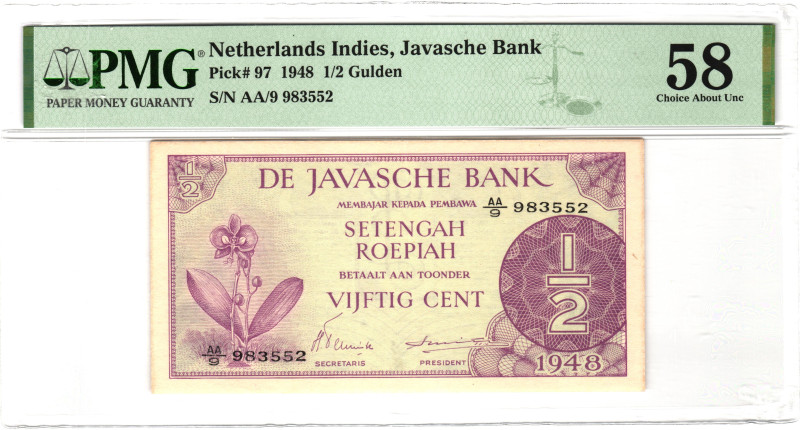 Netherlands Indies Javasche Bank 1/2 Gulden 1948 PMG 58 Choice About Unc

P# 9...