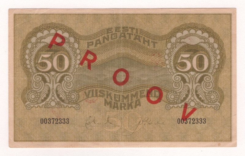 Estonia 50 Marks 1919 Specimen

P# 55bs, # 00372333; XF