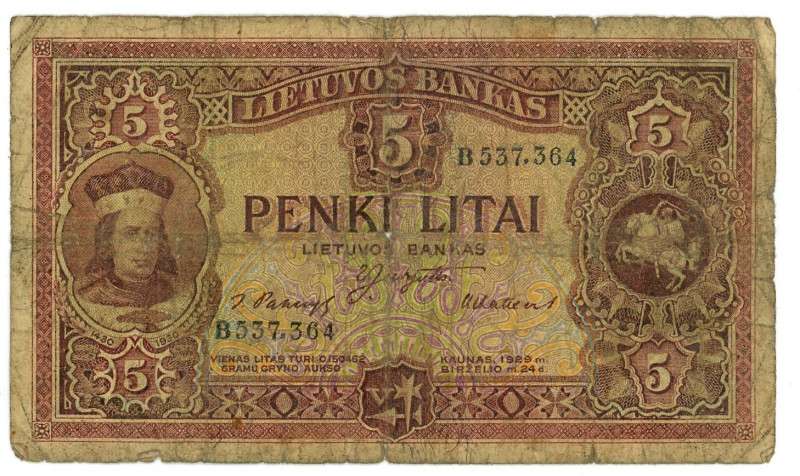 Lithuania 5 Litai 1929

P# 26, # B537364; F