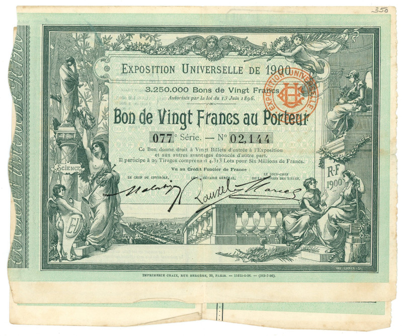 France Universal Exhibition Bond 25 Francs 1900

# 077 02144; VF