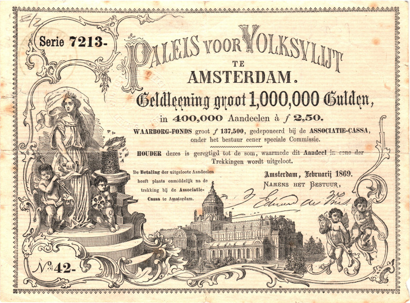 Netherlands Amsterdam Palace of Popular Industry Bond 1869

# 42 7213; VF