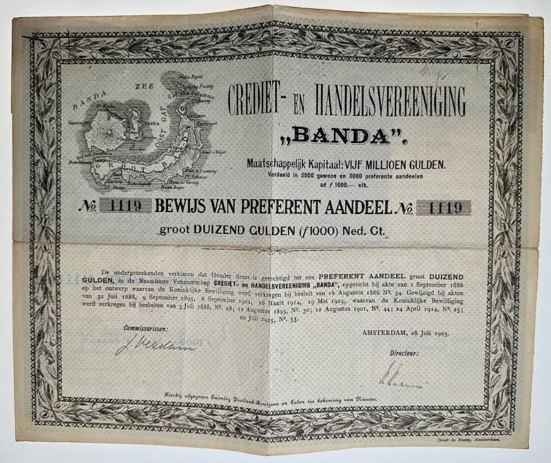 Netherlands Credit and Trade Association "Banda" Share for 1000 Gulden 1925

#...