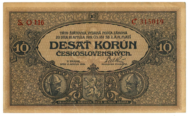 Czechoslovakia 10 Korun 1919

P# 8a, N# 218570; # O 116 C 315019; VF-