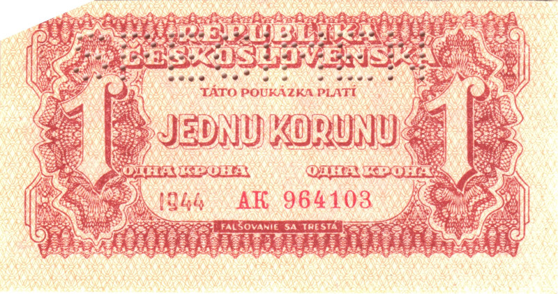 Czechoslovakia 1 Koruna 1944 Specimen

P# 45s, N# 206335; # AK 964103; UNC