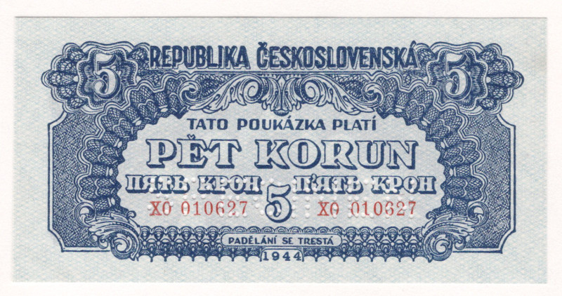 Czechoslovakia 5 Kroner 1944 Specimen

P# 46s, N# 227063; # XO 010627; UNC