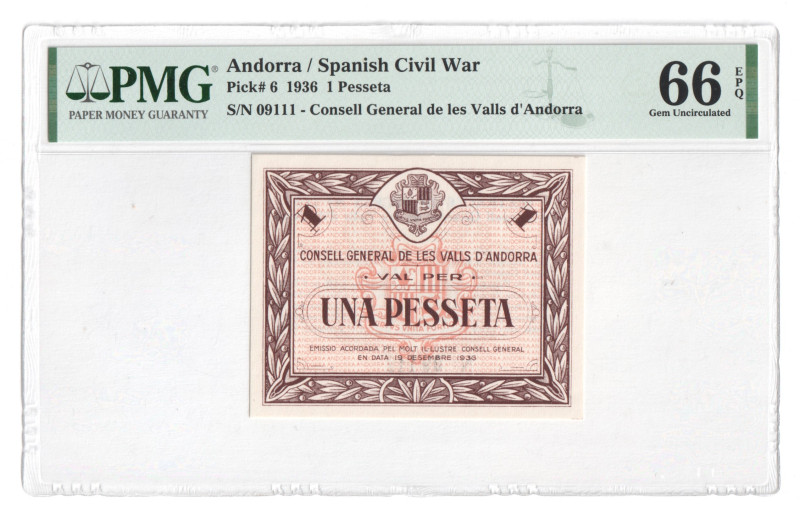 Andorra 1 Pesseta 1936 PMG 66 EPQ

P# 6, N# 225317; # 09111; UNC