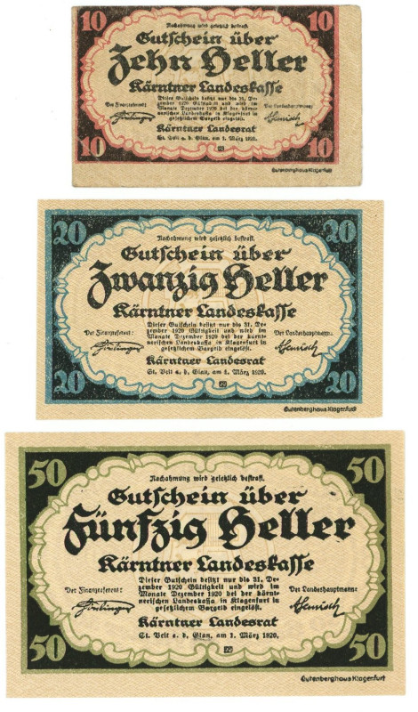 Austria Karnten 10 - 20 - 50 Heller 1920

P# S106 - S108, XF-UNC