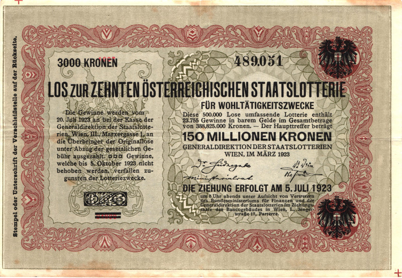 Austria 10000 / 3000 Kronen 1923

P# S156b, # 489051; VF