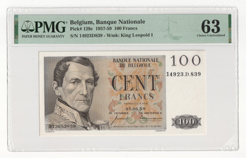 Belgium 100 Francs 1959 PMG 63 Choice Uncirculated

P# 129c, N#207624; # 14923...