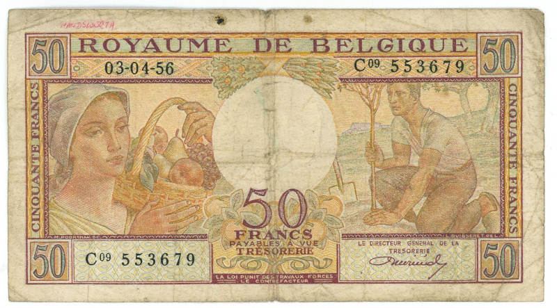 Belgium 50 Francs 1956

P# 133a, N# 207631; # C09 553679; VF