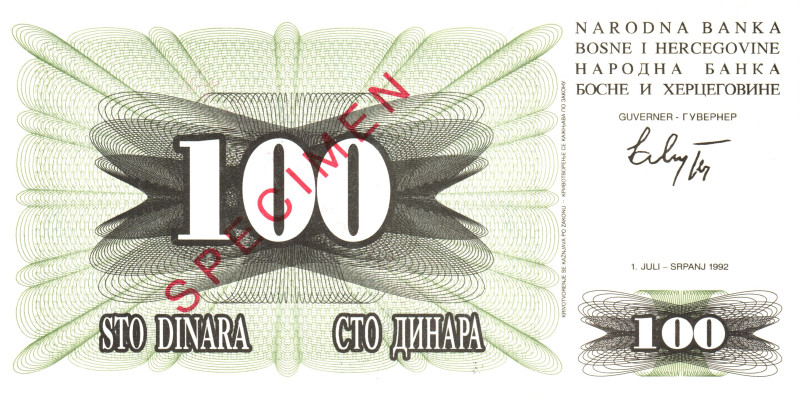 Bosnia & Herzegovina 100 Dinara 1992 Specimen

P# 13s, N# 203596; # AC 0000000...