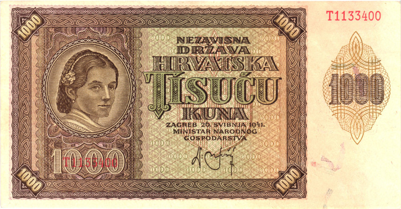 Croatia 1000 Kuna 1941

P# 4, N# 206360; # T1133400; UNC