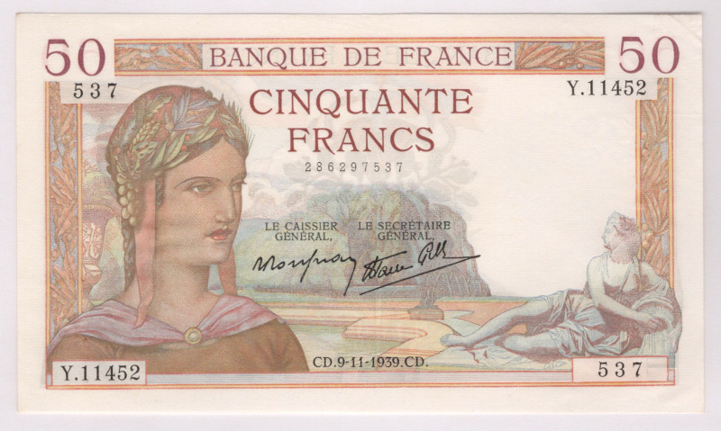 France 50 Francs 1939

P# 81, N# 277996; # Y.11452 537; Pinholes; AUNC