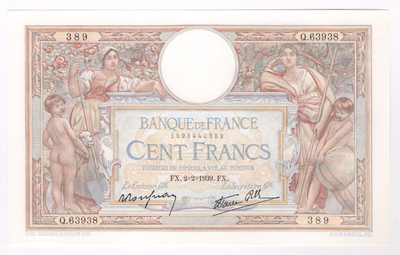 France 100 Francs 1939

P# 86b, N# 206023; # Q.63938 389; AUNC