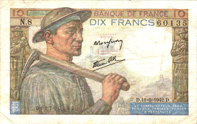 France 10 Francs 1942

P# 99c, N# 204600; # N.8 60135; XF