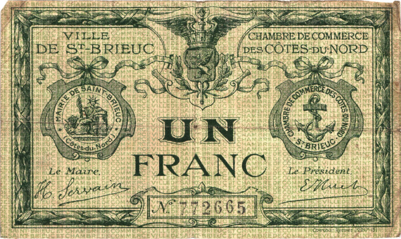 France Commune of Saint-Brieuc 1 Franc 1918 (ND)

N# 314325 ; # 772665; VF