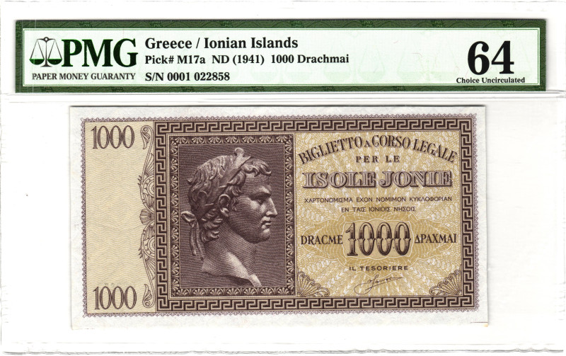 Greece Ionian Islands 1000 Drachmai 1941 (ND) PMG 64 Choice Uncirculated

P# M...