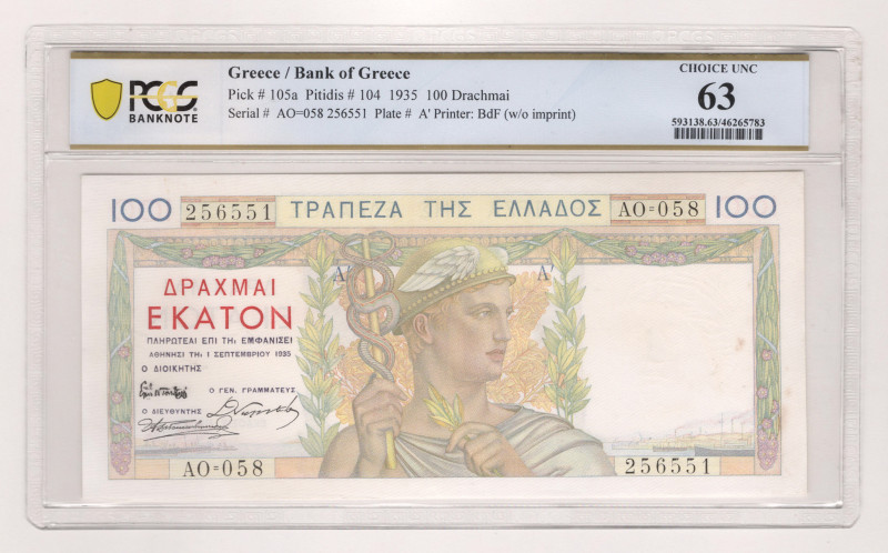 Greece 100 Drachmai 1935 PCGS 63 Choice Unc

P# 105a, N#208081; # AO=058 25655...