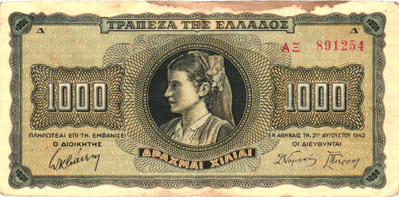 Greece 1000 Drachmai 1942

P# 118, N# 209768; # AE 891254; XF