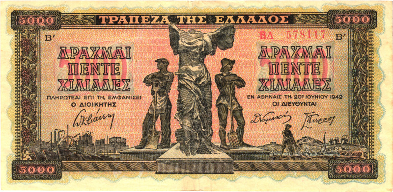 Greece 5000 Drachmai 1942

P# 119, N# 208380; # BD 578117; AUNC