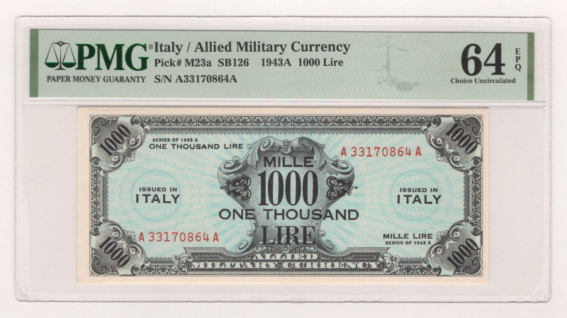 Italy 1000 Lire 1943 PMG 64 EPQ Choice Uncirculated

P# M23a, N# 301967; # A33...