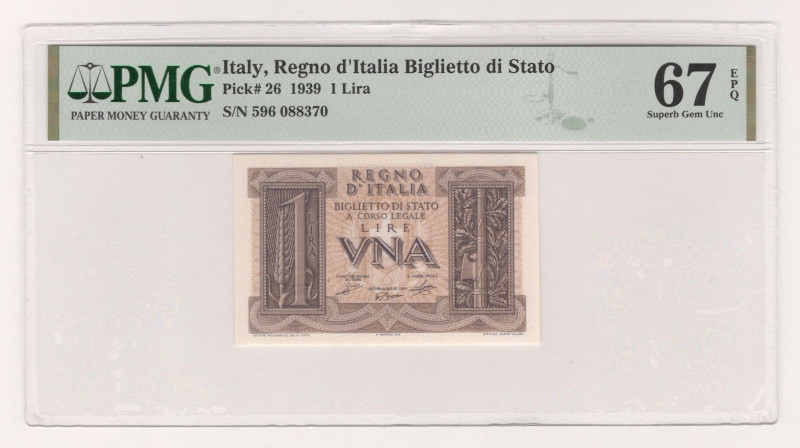 Italy 1 Lira 1939 PMG 67 EPQ Superb gem Unc Top Pop

P# 26, N#201775; # 596 08...