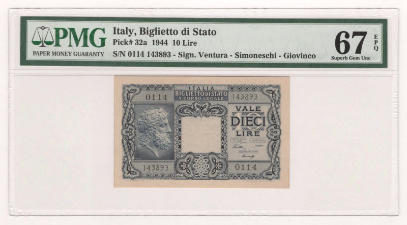 Italy 10 Lire 1944 PMG 67 EPQ Superb gem Unc Top Pop

P# 32a, N#204556; # 0114...