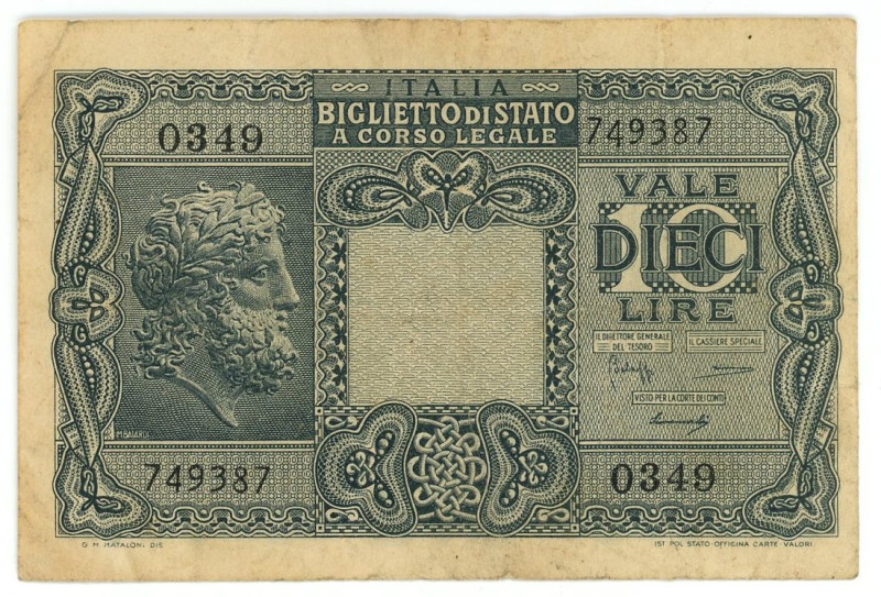 Italy 10 Lire 1944

P# 32c, N# 204556; # 0349 749387; VF