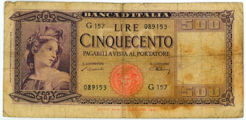 Italy 500 Lire 1947

P# 80a, N# 213372; # G 157 089153; G