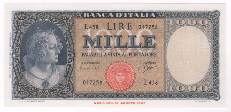 Italy 1000 Lire 1947

P# 83, N#208564; # L438017258; AUNC