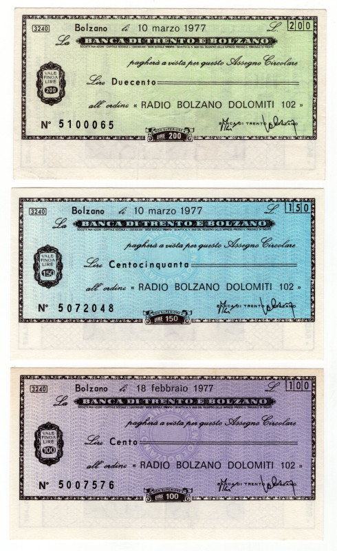 Italy Check Banca Di Trento e Bolzano 100 - 150 - 200 Lire 1977

Italian notge...