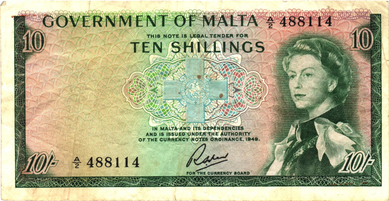 Malta 10 Shillings 1963

P# 25, N# 233140; # A/2 488114; VF