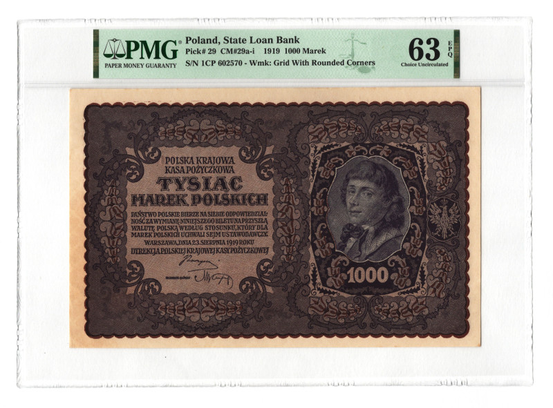 Poland 1000 Marek 1919 PMG 63 EPQ Choice Uncirculated

P# 29, N# 210665; # 1 s...