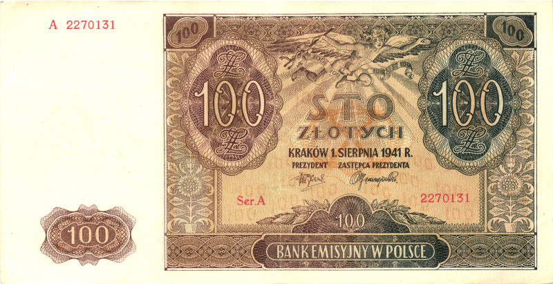 Poland 100 Zlotych 1941

P# 103, N# 207527; # A 2270131; UNC