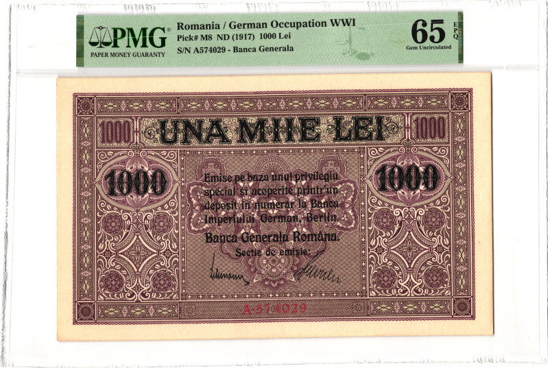 Romania 1000 Lei 1917 (ND) PMG 65 Gem Uncirculated TOP POP

P# M8, N# 210243; ...