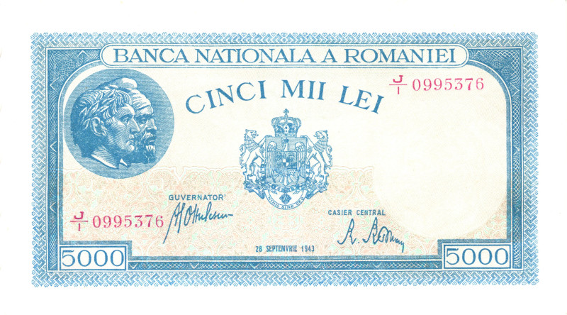 Romania 5000 Lei 1943

P# 55, N# 205746; # J/1 0995376; UNC