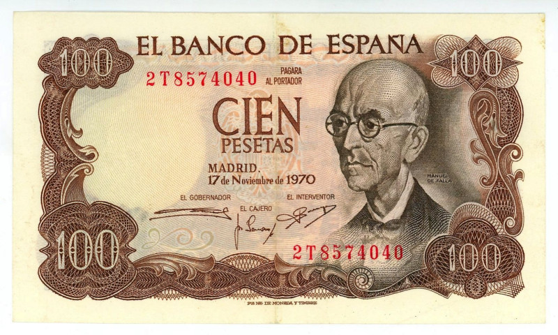 Spain 100 Pesetas 1970

P# 152a, N# 205703; # 2T 8574040; XF