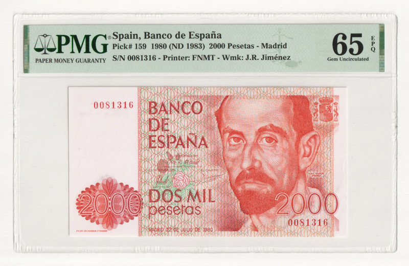 Spain 2000 Pesetas 1980 (ND 1983) PMG 65 EPQ Gem Uncircuilated

P# 159, N#2052...