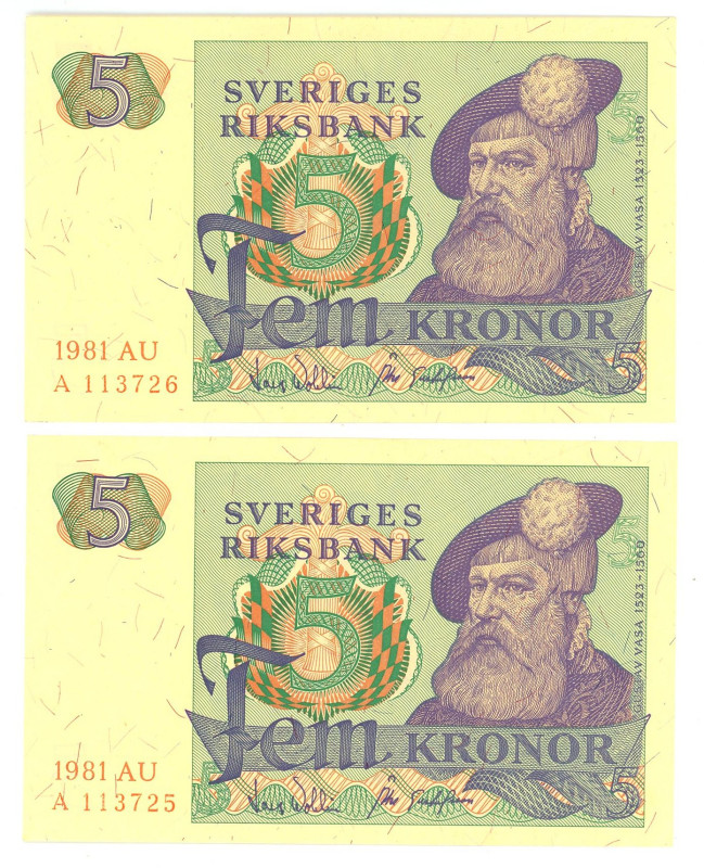 Sweden 2 x 5 Kronor 1981 Consecutive Pair

P# 51d.4, N# 202682; # A113725 - A1...