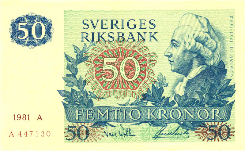 Sweden 50 Kronor 1981 A

P# 53c, N# 206159; # A 447130; UNC