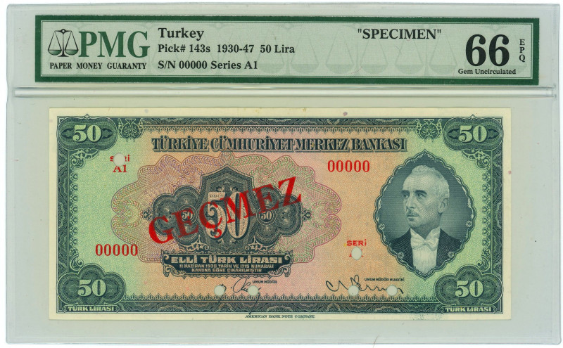 Turkey 50 Lira 1947 Specimen PMG 66 TOP POP

P# 143s, N# 285413; Ser. A1