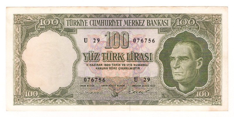 Turkey 100 Lirasi 1951 -1965 (ND)

P# 176a, N# 217341; # U29 076756; XF