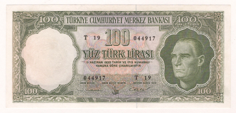 Turkey 100 Lirasi 1951 -1965 (ND)

P# 176a, N# 217341; # T 19 044917; XF