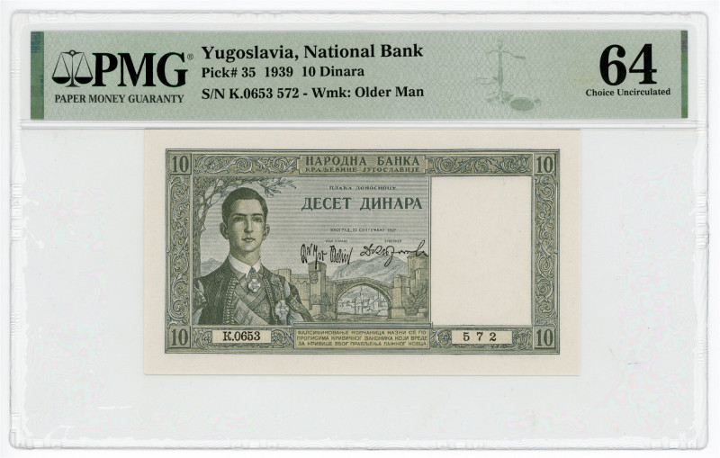 Yugoslavia 10 Dinara 1939 PMG 64 Choice Uncirculated

P# 35, N# 225928; # K.06...