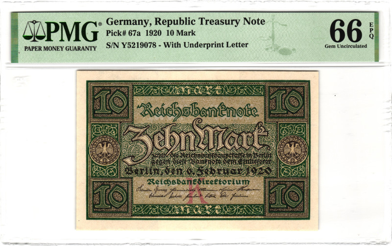 Germany - Weimar Republic 10 Mark 1920 PMG 66 EPQ Gem Uncirculated

P# 67a, N#...